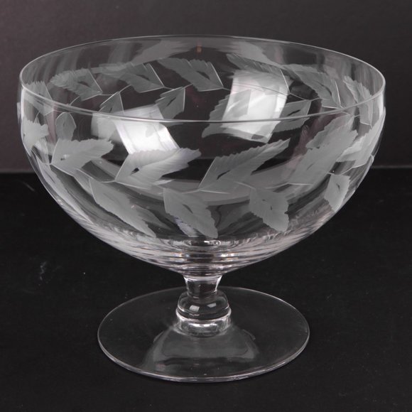 Vintage Blown Glass Footed Bowl Etched Leaf Design Large Candy Nut Fruit Dish